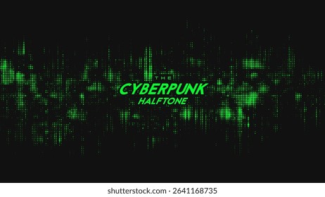 Abstract vector green cyberpunk halftone sound wave. Scrathed dotted texture element.