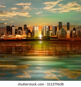 abstract vector green sunrise background with panorama of vancouver