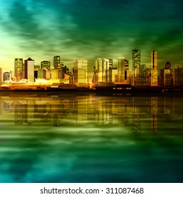 abstract vector green sunset background with panorama of city