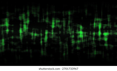 Textura de desaparecimento do vetor verde abstrato. O conceito de movimentação de dados por código binário. Meio-tom com efeito de ruído e pontos. Fundo da matriz na tela. Padrão futurista.