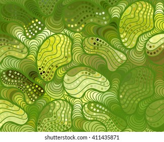 Abstract vector green wave background of doodle hand drawn lines. Colorful floral pattern.