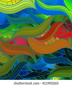 Abstract vector green wave background of doodle hand drawn lines. Colorful floral pattern.