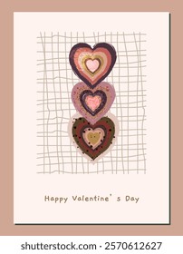 Abstract vector greeting card with retro brown and beige hand painted boho hearts with distressed texture in earthy warm colors for wedding and Valentine's day graphic designs