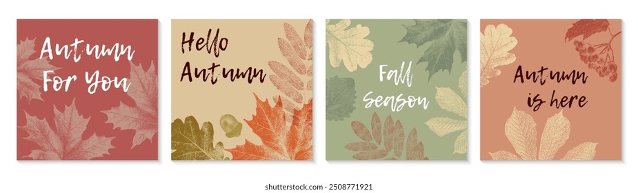 Tarjetas de felicitación de Vector Abstractas con hojas de otoño. Fondos de otoño con efecto de fotocopia granulada. Plantillas para afiches, Anuncios, Web, redes sociales.