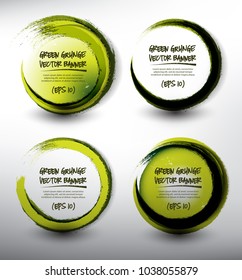 Abstract vector grunge banners set of 4. Hand drawn green grunge circle frames. Isolated on the white panel. Each item contains space for own text. Vector illustration. Eps 10.