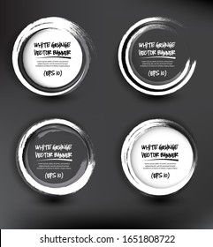Abstract vector grunge banners set of 4. Hand drawn white grunge circle frames. Isolated on the dark panel. Each item contains space for own text. Vector illustration. Eps 10.