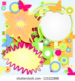 Abstract vector  grunge flower theme with circles and butterflies.