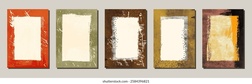 Abstract vector grunge frames with distressed textured design, grungy backgrounds, posters with grainy, scratched messy texture in earthy fall colors
