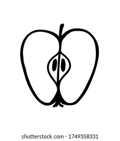 Abstract vector grunge half silhouette outline line art drawing of an Apple.Black and white fruit illustration .Print design for t-shirts.