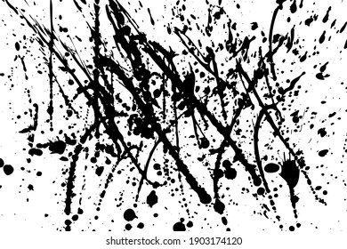 Abstract vector grunge illustration. Black splashes of paint on a white background. Random stains, drops, spots, ink prints. Messy handcrafted texture banner. Rough dynamic brush strokes. Copy space