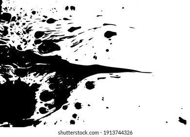 Abstract vector grunge illustration. Black spreading splashes of paint on white background. Dripping stain, drops, spots, liquid ink. Handcrafted texture banner. Fluid art, marble effect. Copy space