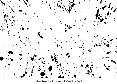 Resumen de la ilustración de grunge vectorial. Escamas negras de pintura sobre un fondo blanco. Manchas aleatorias, caídas, puntos, huellas de tinta. Desordenado cartel de textura artesanal. Ataques caóticos de pincel dinámico. Copiar espacio