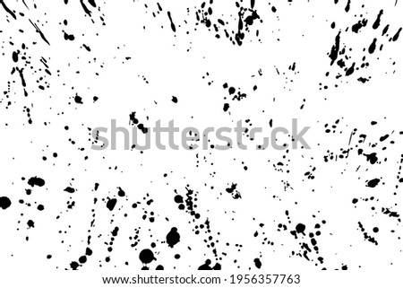 Abstract vector grunge illustration. Black splashes of paint on a white background. Random stains, drops, spots, ink prints. Messy handcrafted texture banner. Chaotic dynamic brush strokes. Copy space