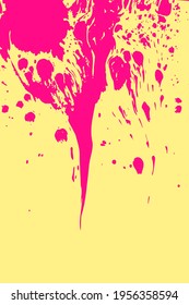 Resumen de la ilustración de grunge vectorial. Rosado esparce salpicaduras de pintura en el fondo amarillo. Mancha goteante, gotas, manchas, tinta líquida. Banner de textura artesanal. Arte fluido, efecto de mármol. Copiar espacio
