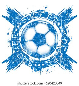 Abstract vector grunge illustration scratched blue football ball and inscription soccer with stars. Design for print on fabric or t-shirt.