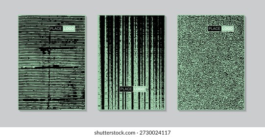 Abstract vector grunge line texture cover set in mint green and black.