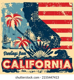 An abstract vector grunge poster illustration on Greetings from California