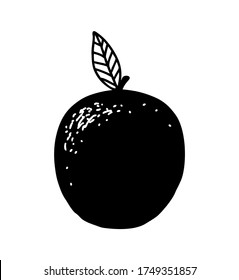 Abstract vector grunge silhouette drawing of an apple or an orange.Black and white citrus and fruit illustration .Summer print design for t-shirts.