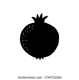 Abstract vector grunge silhouette drawing of a pomegranate fruit .Black and white isolated illustration.Summer print design for t-shirts.Decoration element.