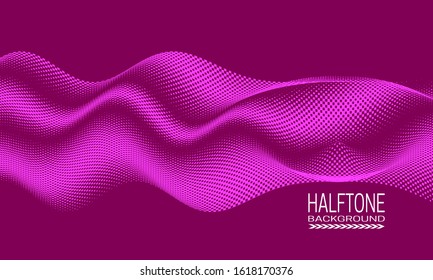 Abstract vector halftone background design with wavy texture of square dots. Pink monochrome printing raster of cyberspace style.