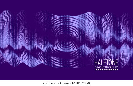 Abstract vector halftone background design with splash texture of square dots. Purple monochrome printing raster of cyberspace style.