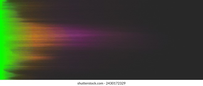 Fondo abstracto del semitono del vector con la luz horizontal granulada, tenue. El espectro digital con tonos verdes, amarillos y magenta vibrantes contrasta en una pantalla oscura. Efecto glitch de neón brillante