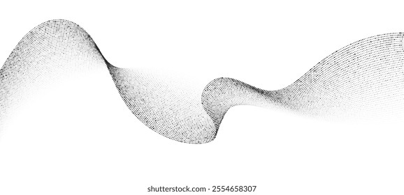 Abstract vector halftone dotted wavy lines with a smooth curve, in a black color, flow on a transparent background. Design for luxury, technology, science, and music concept