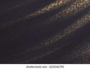 Abstract vector halftone gradation design with sparkling golden particles. Fading shadows and curving golden glitter.