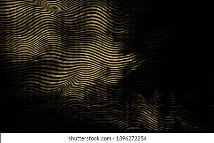 Abstract vector halftone gradient  flowing texture. Golden waving glitter. Vibrant trendy backdrop on black background.