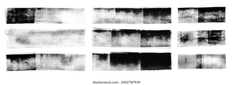 Abstract vector halftone rectangular shapes. Grunge banner with small dots pattern. Textured banners with halftone. Retro vintage backgrounds for posters, collages, social media and graphic design.