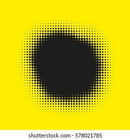 Abstract vector halftone stain. Black blot made of round particles. Modern illustration with dark, murky spot. Splattered array of dots. Gradation of tone. Element of design.