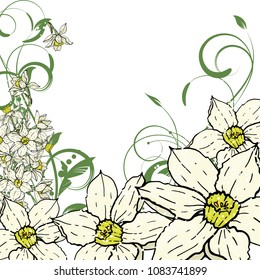 Abstract vector  hand drawing  Narcissus flower background. Flower invitation, save the date card template, abstract elegant pattern ector design editable. Floral design