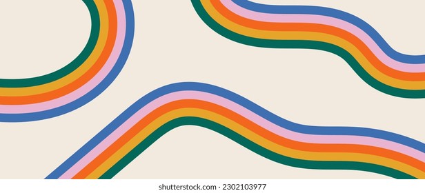 Resumen del fondo dibujado a mano por vectores con espacio de copia y rayas de color arcoiris. Plantilla panorámica de moda y colorida para banner de diseño, anuncios, presentaciones, descuentos, venta, medios sociales