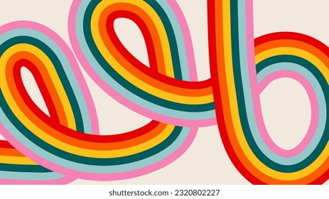 Abstrakter, handgezeichneter Vektorhintergrund mit Kopienraum und farbigen Streifen in Regenbogenfarben. Trendy groovy Panorama-Vorlage für Design-Banner, Werbung, Präsentationen, Rabatte, Verkauf, Social Media.