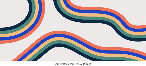 Resumen del fondo dibujado a mano vectorial con rayas de colores retro. Plantilla panorámica de estilo Groovy 60-70 para banner de diseño, anuncios, presentaciones, descuentos, venta, medios sociales.