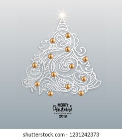 Abstract vector hand drawn christmas tree with shadow