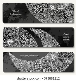 Abstract vector hand drawn doodle floral pattern card set. Series of image Template frame design for card.