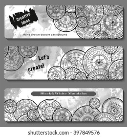 Abstract vector hand drawn doodle floral pattern card set. Series of image Template frame design for card. Black and white.