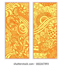 Abstract vector hand drawn ethnic pattern card set. Series of image Template frame design for card.