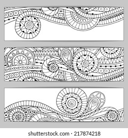 Abstract vector hand drawn ethnic pattern card set. Series of image Template frame design for card. Black and white version.