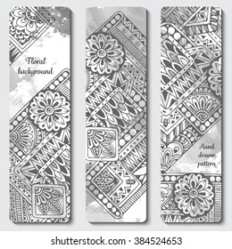 Abstract vector hand drawn ethnic pattern card set. Series of image Template frame design for card. Black and white.