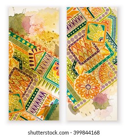 Abstract vector hand drawn ethnic pattern card set. Series of image Template frame design for card.