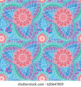 An abstract vector hand drawn floral seamless pattern with henna mehndi floral elements. Beautiful colorful endless background in bright colors
