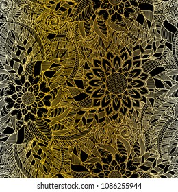 An abstract vector hand drawn golden floral seamless pattern