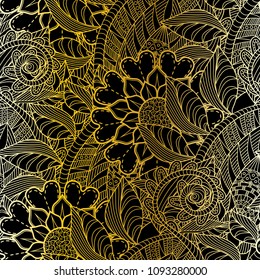 An abstract vector hand drawn golden floral seamless pattern