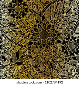 An abstract vector hand drawn golden floral seamless pattern