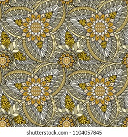 An abstract vector hand drawn golden floral seamless pattern
