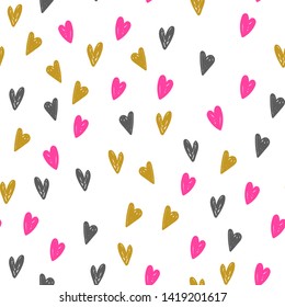 Abstract vector hand drawn hearts seamless pattern, grunge texture. Valentine's day background for print, wrapping paper, textile design, wedding cards etc.