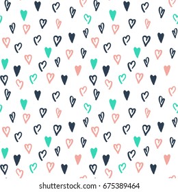 Abstract vector hand drawn hearts seamless pattern, grunge texture. Valentine's day background for print, wrapping paper, textile design, wedding cards etc.