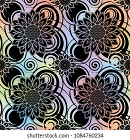 An abstract vector hand drawn holographic floral seamless pattern